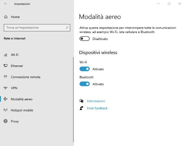 Togliere modalità aereo impostazioni Windows