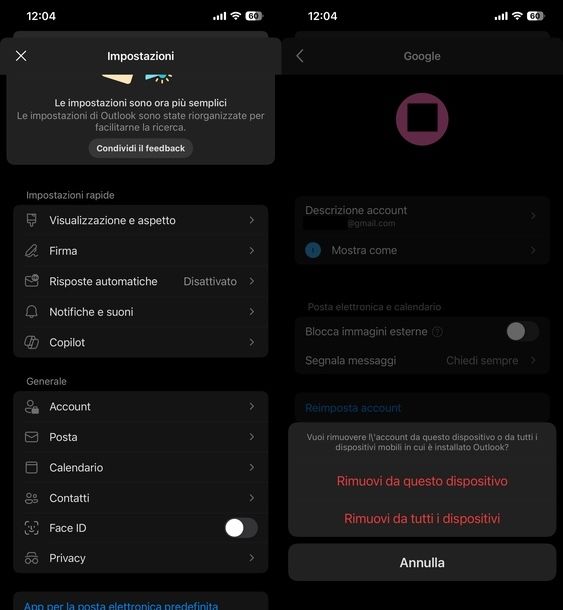 Uscire Gmail Outlook iOS