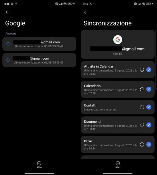 Sincronizzazione account Google Android