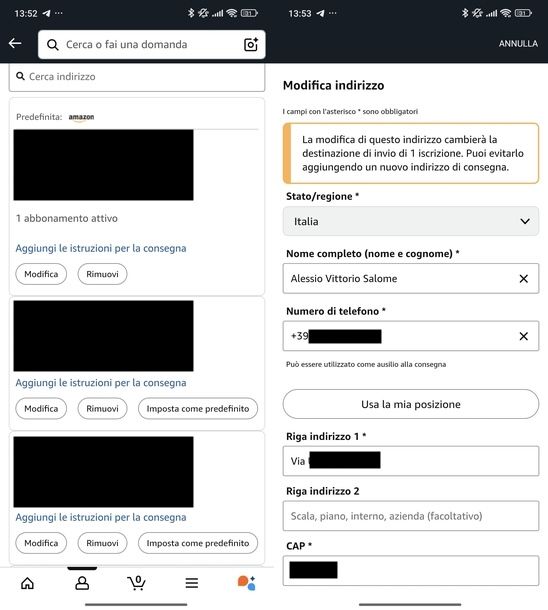 Cambiare numero di telefono ordine Amazon Android