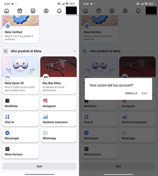 Uscire account Facebook