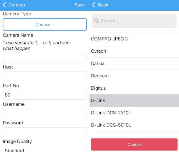 schermate app IP CAM Controller