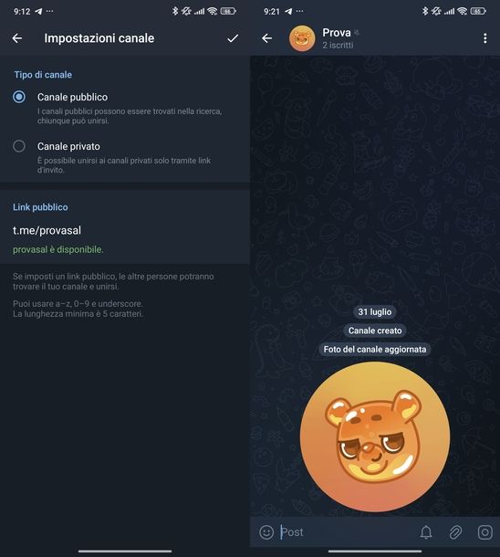 Creare canale Telegram Android
