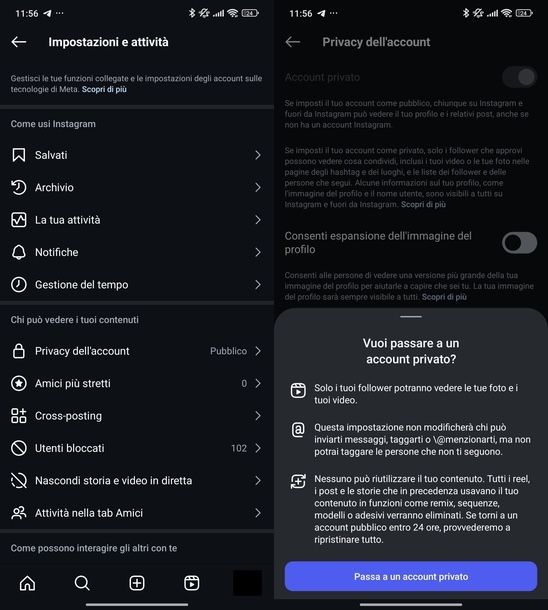 Mettere account privato Instagram Android