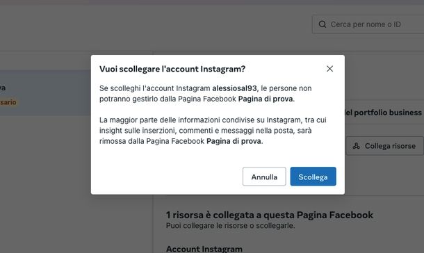 Scollegare pagina Instagram Facebook Web