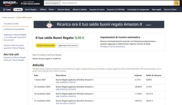 Saldo Buoni Regalo Amazon