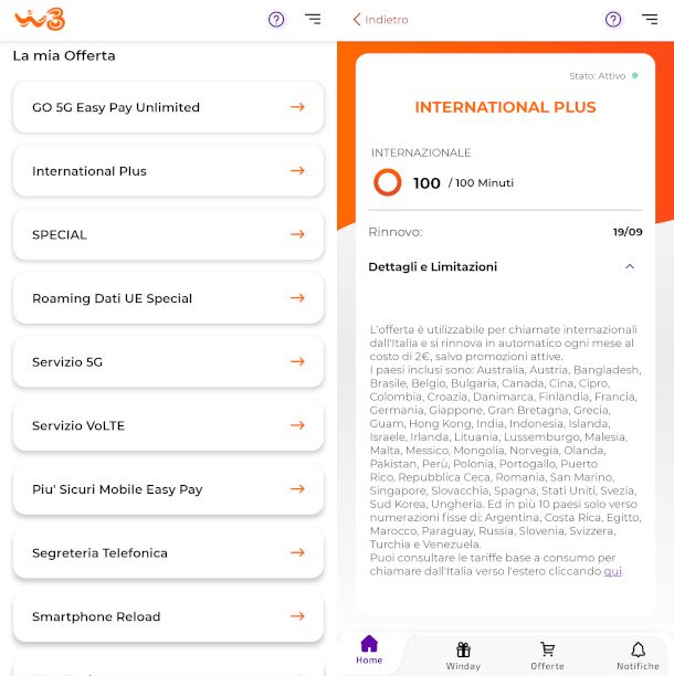 schermate app WINDTRE per visualizzazione e disattivazione opzioni
