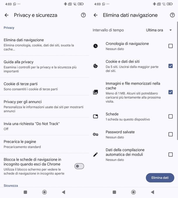 Cancellare cache Chrome app 