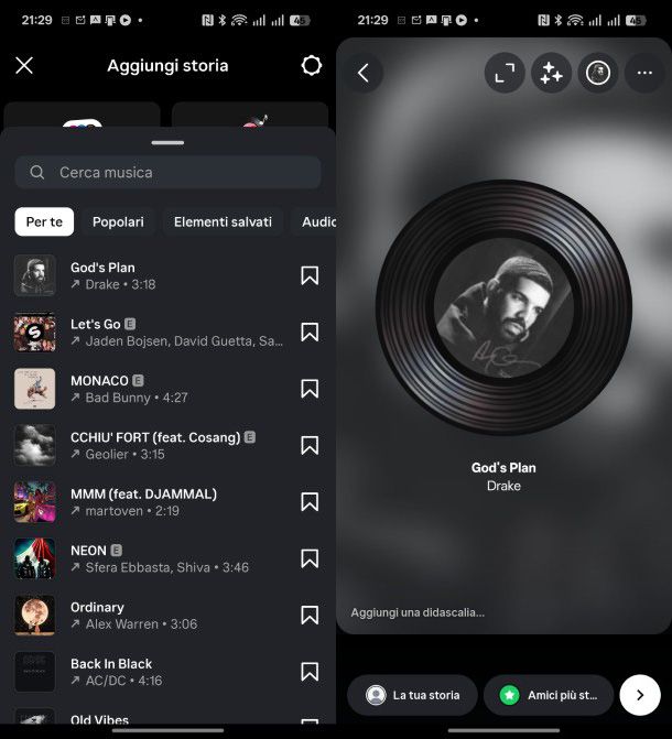 Musica in Storia Instagram