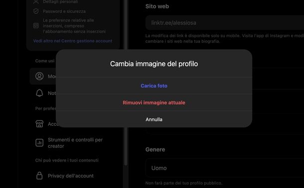 Modificare foto profilo Instagram Web