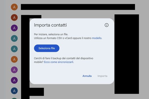 Importazione rubrica Contatti Google Web