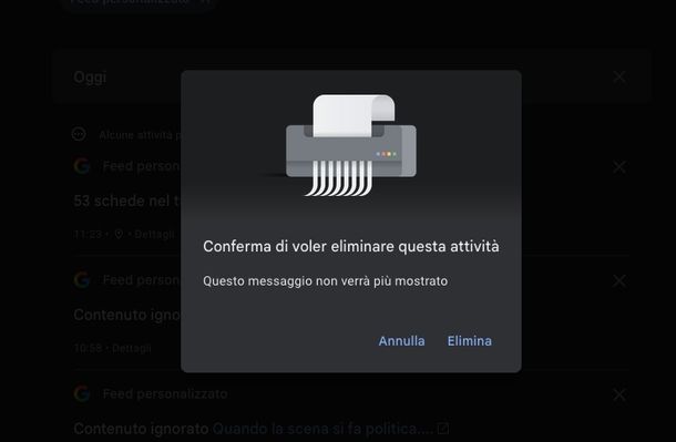 Eliminare attività Feed personalizzato Google