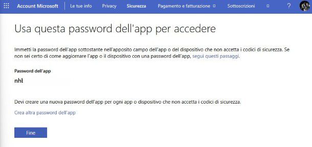 Password dell'app Microsoft
