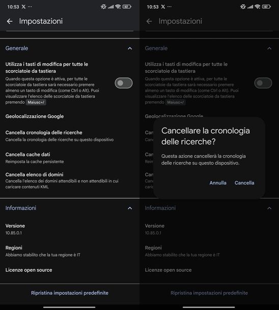 Cancellare ricerche Google Earth Android