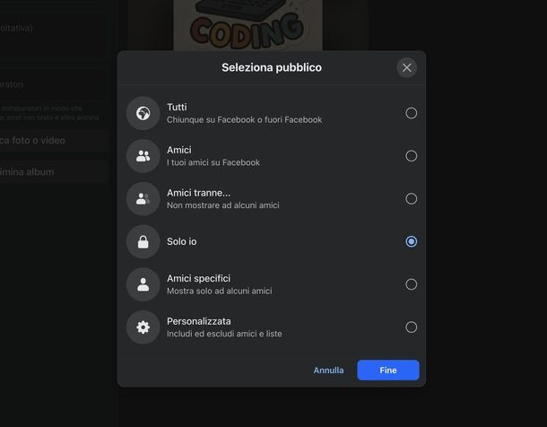 Nascondere album Facebook Web