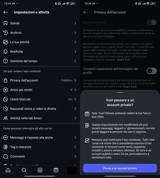 Modificare profilo Instagram pubblico a privato Android