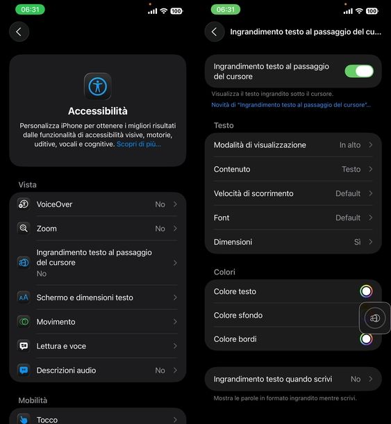 Ingrandimento testo al passaggio del cursore iPhone