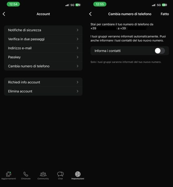 Cambiare account WhatsApp iOS