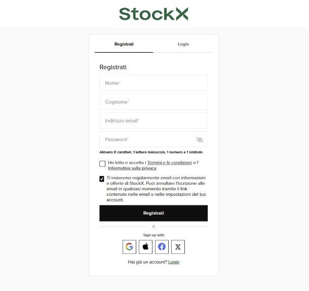 Registrazione StockX