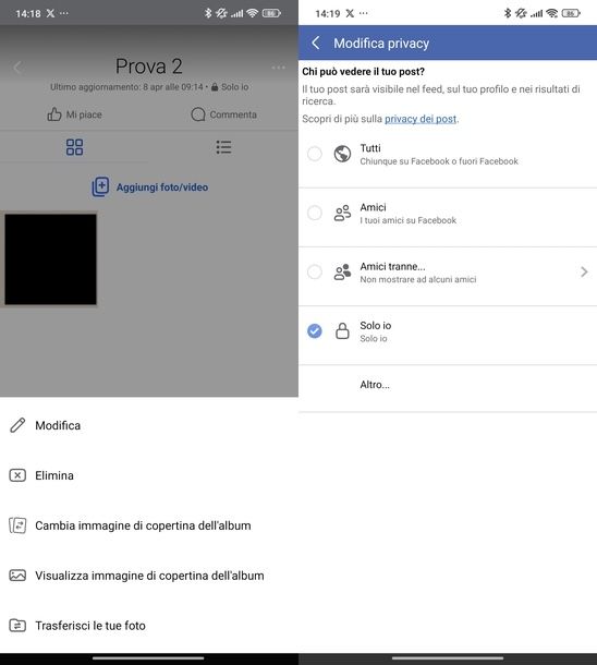 Nascondere album Facebook Android