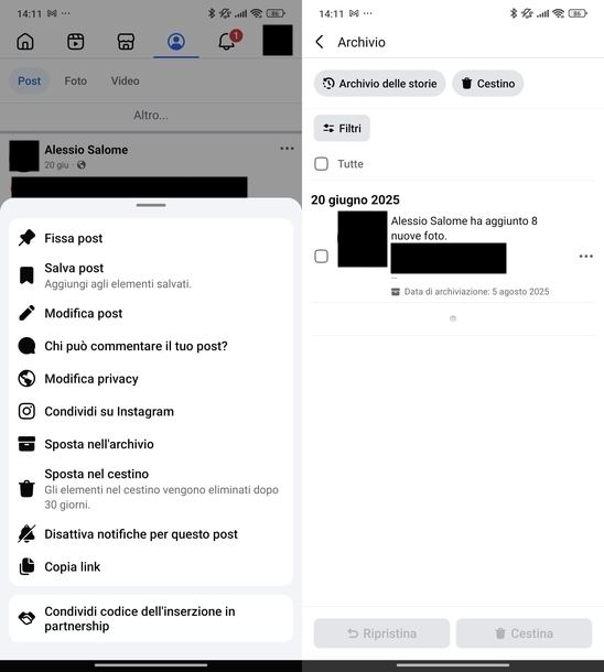 Archiviare foto post Facebook Android