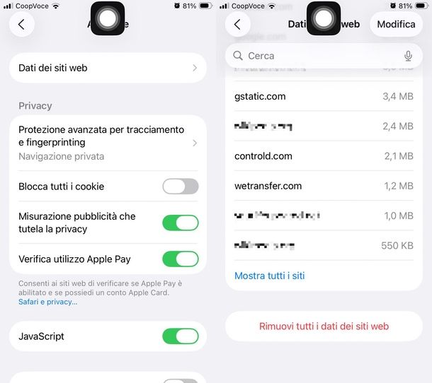 come cancellare cache e cookies Safari app