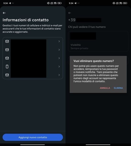 Togliere numero telefono Instagram Android