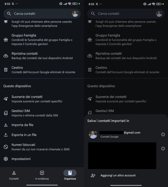 Importazione rubrica Contatti Google Android