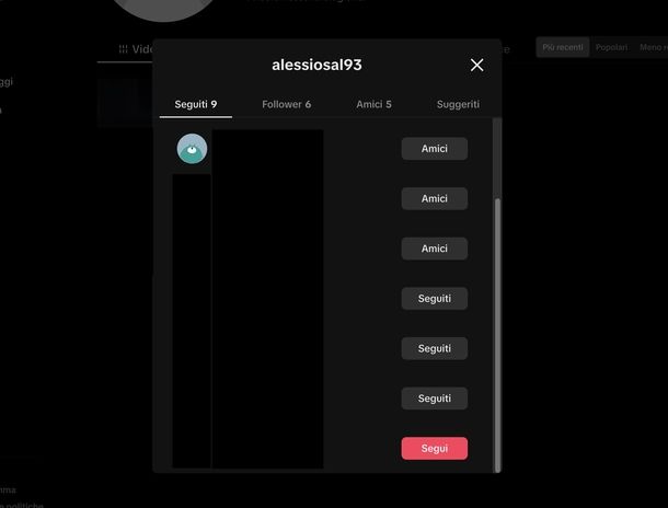 Eliminare seguiti TikTok Web