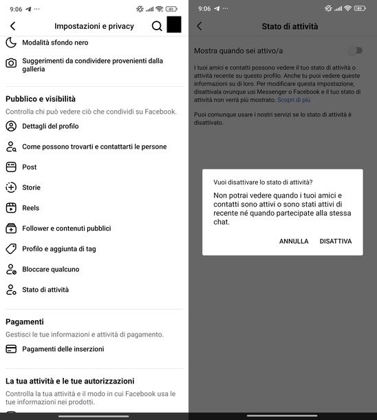 Disattivare Stato di attività Facebook