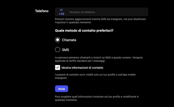 Togliere numero telefono Instagram Web