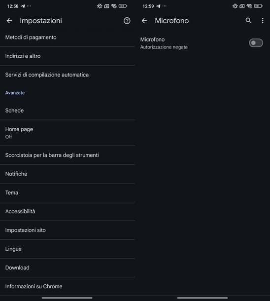 Disattivare microfono Google Chrome Android