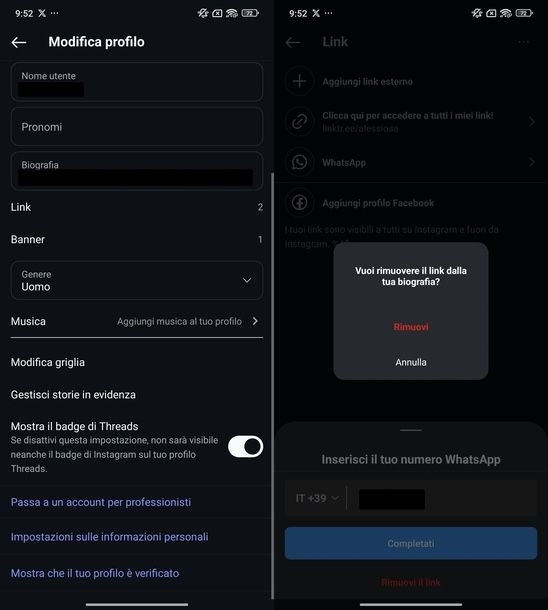Togliere numero telefono Instagram Android