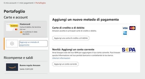 Aggiungere metodo di pagamento su Amazon Business