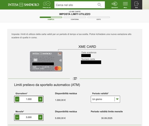 Impostare limiti utilizzo carta Intesa Sanpaolo Web