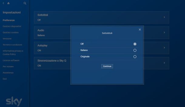 impostazione sottotitoli client Sky Go