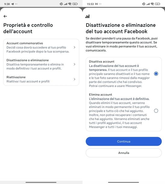 Disattivazione account Facebook