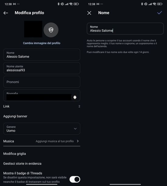 Modificare nome profilo Instagram Android