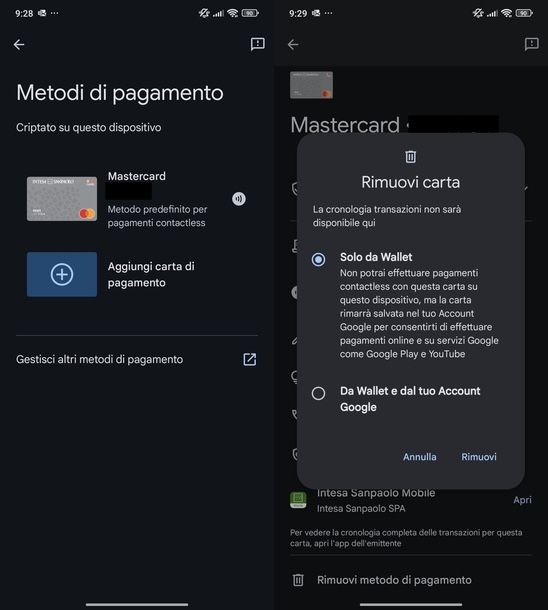 Rimuovere carta Google Wallet Android