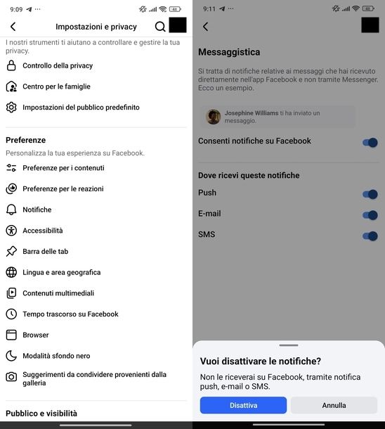 Disattivare notifiche Facebook