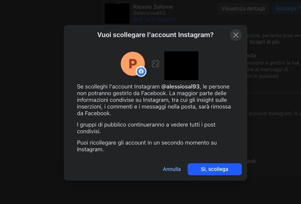 Scollegare pagina Instagram Facebook Web