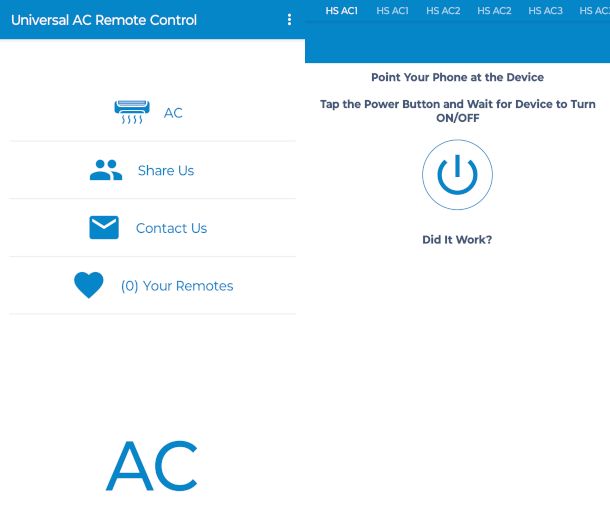 schermate app remote ac universal