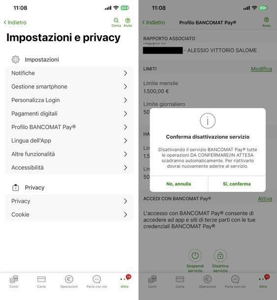 Disabilitare BANCOMAT Pay Intesa Sanpaolo app