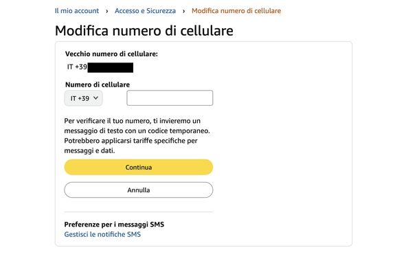 Cambiare numero di telefono Amazon Web