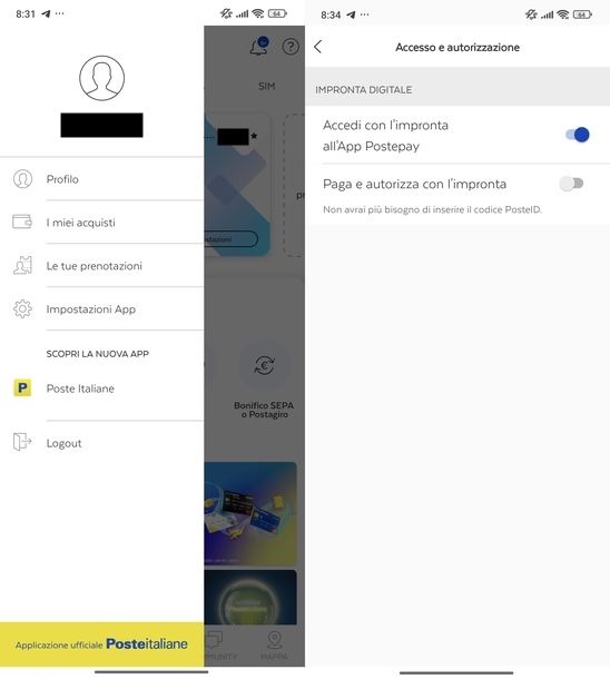 Attivare sblocco impronta accesso app Postepay Android