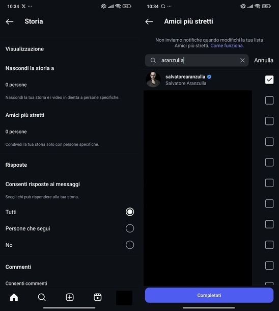Condividere storia Instagram solo con una persona Android