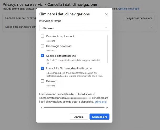 cancellare cache e cookies Edge desktop