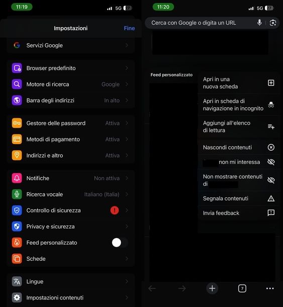 Disattivare Discover Google Chrome iOS