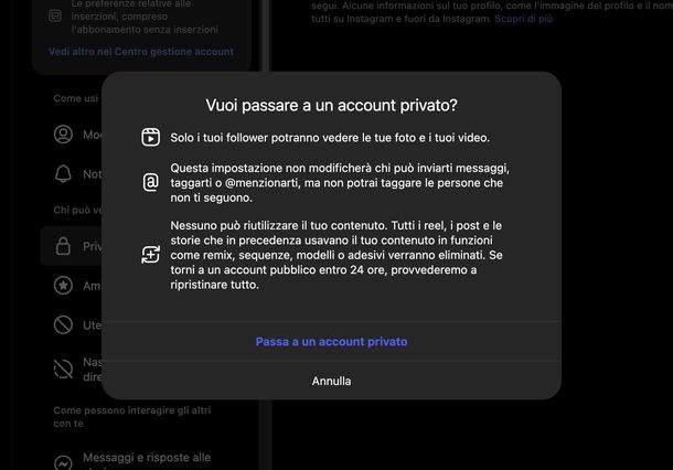 Mettere account privato Instagram Web