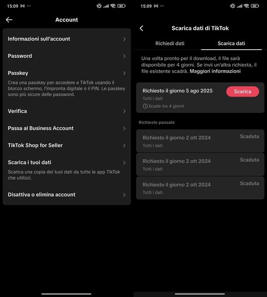 Backup dati account TikTok